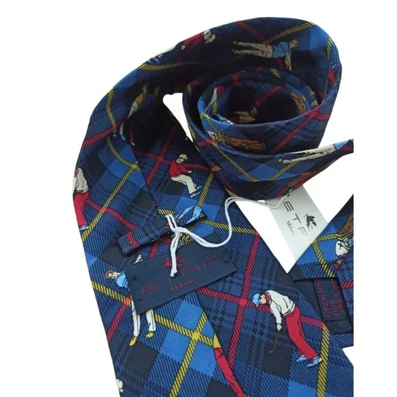 🆕ETRO MILANO Blue Plaids & Checks Golf Player Silk Tie ITALY 57/ 3.8 NWT